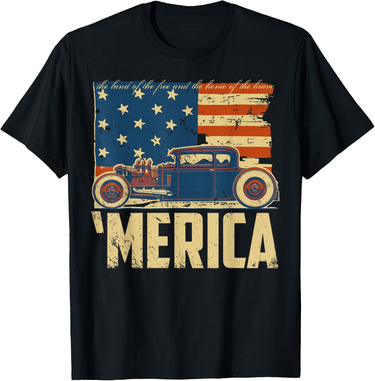 American Flag Hot Rod Custom Car Merica 4th of July T-Shirt - T-Shirt | Black