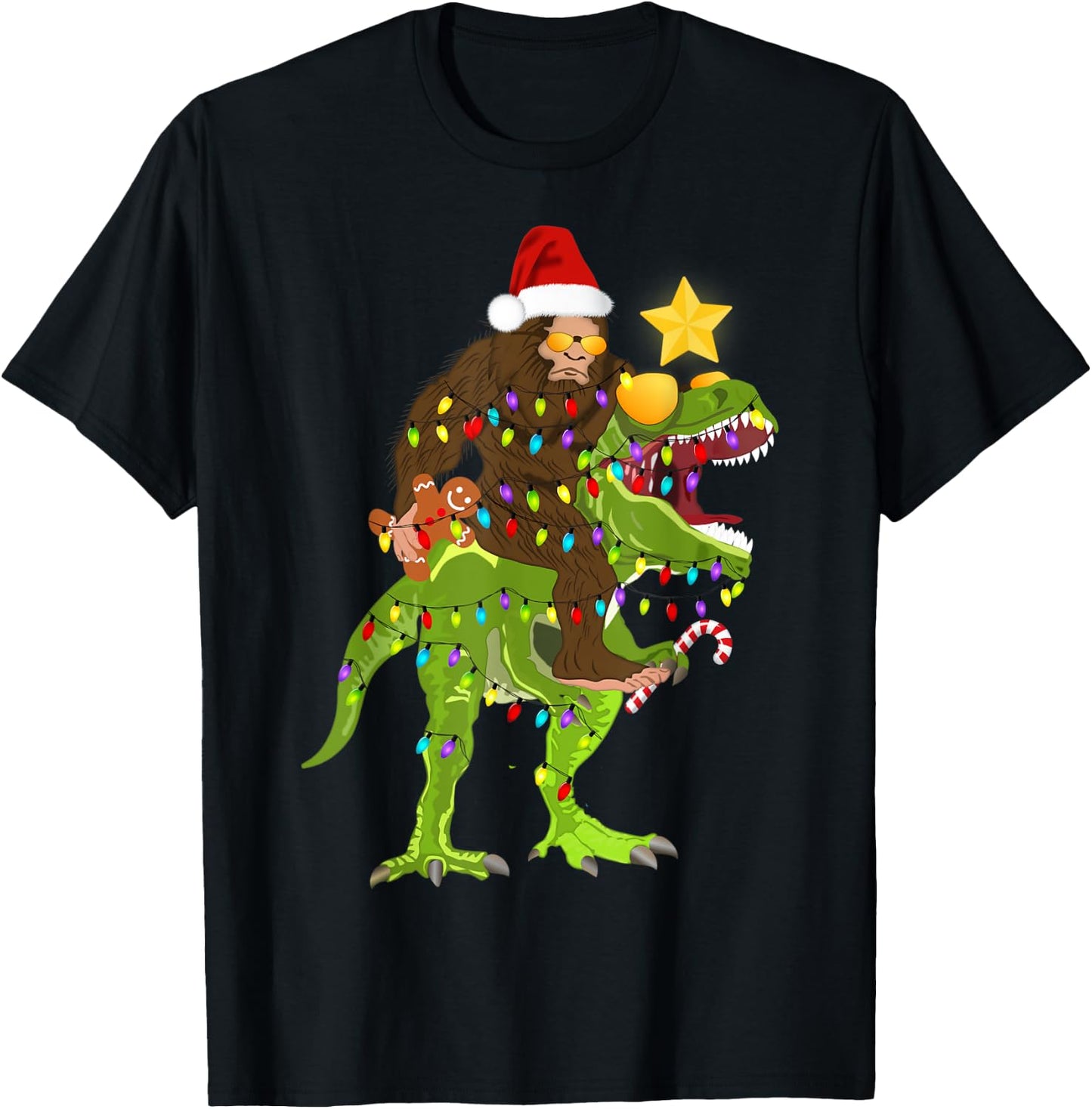 Xmas Tree Rex Yeti Bigfoot Sasquatch Riding Dinosaur T Rex T-Shirt - T-Shirt | Black