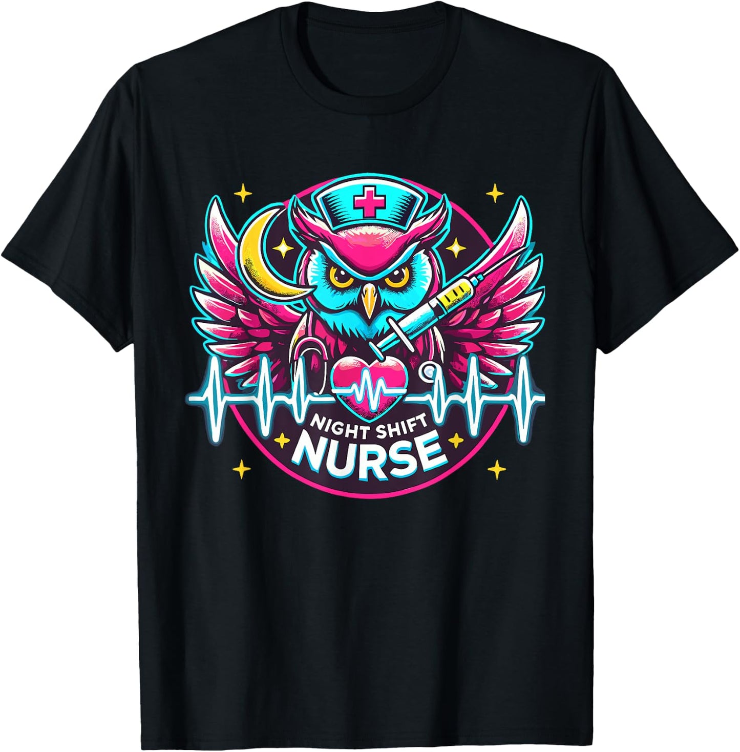 Night Shift Nurse Owl RN RT US Funny Nurse T-Shirt - T-Shirt | Black