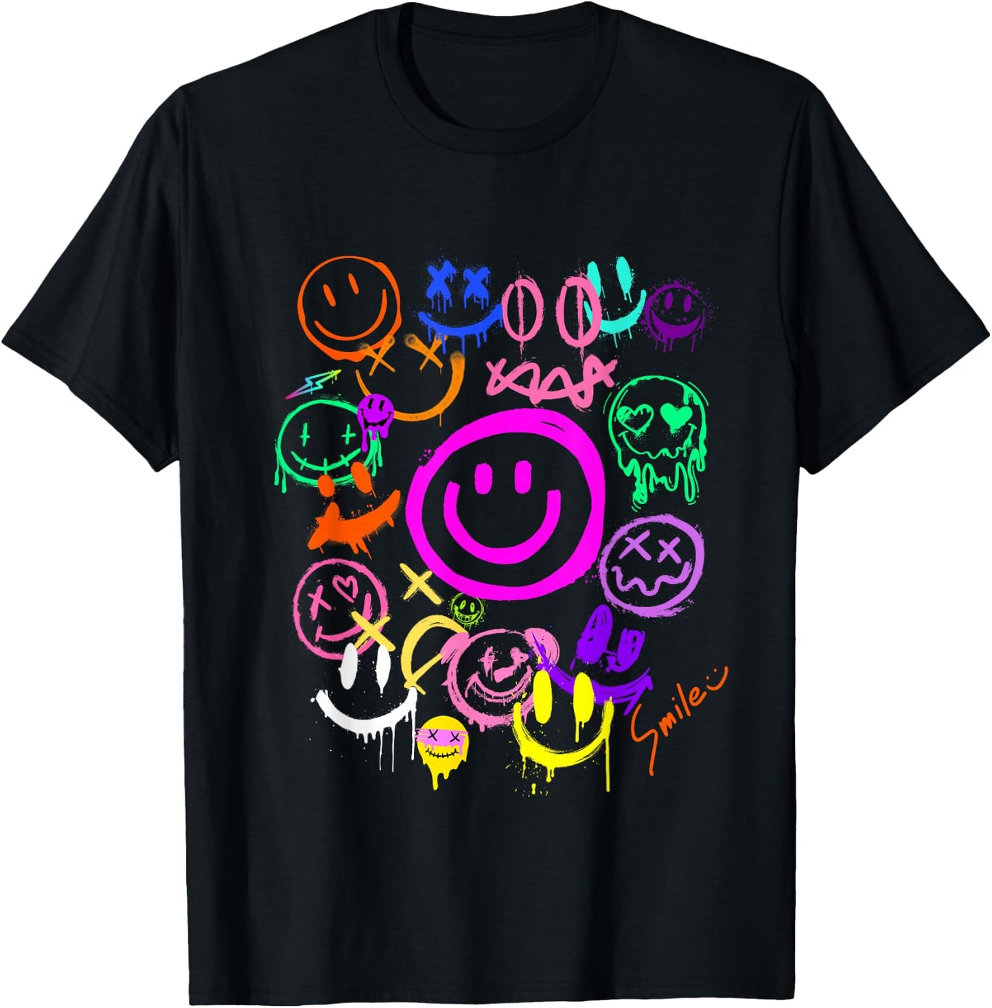 Smile Face Emoticons Fun Vivid Graffiti Smileys, Graphic T-Shirt - T-Shirt | Black