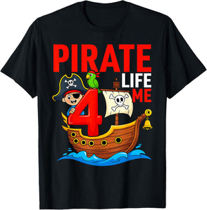 Pirate Life 4 Me 4th Birthday Party Four Years Old Kid Boys T-Shirt - T-Shirt | Black