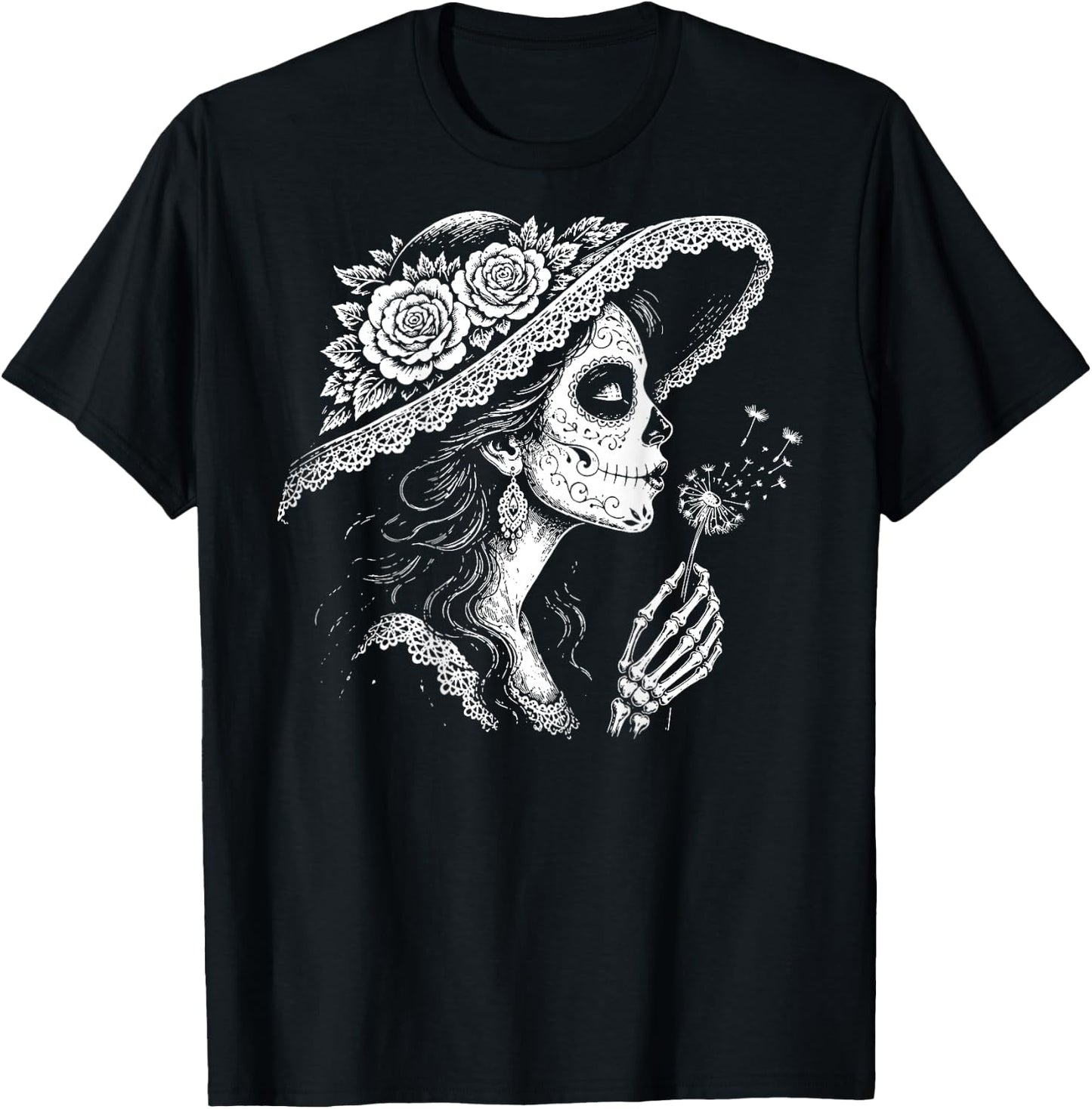 (On Back) la Catrina Blowing Wishes Dandelion Retro Vintage T-Shirt - T-Shirt | Black