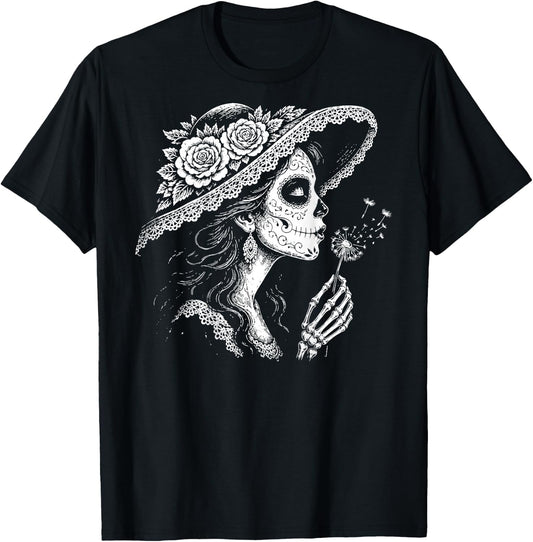 (On Back) la Catrina Blowing Wishes Dandelion Retro Vintage T-Shirt - T-Shirt | Black
