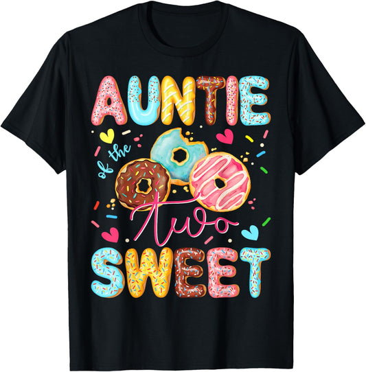 Auntie Of The Two Sweet 2Nd Birthday Girl Donut Lover T-Shirt - T-Shirt | Black