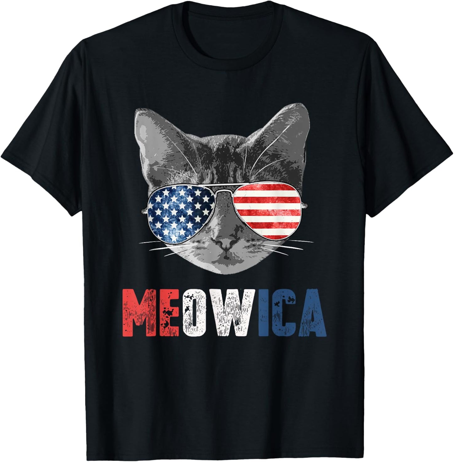 4th of July Shirt Meowica American Flag Cat T-Shirt - T-Shirt | Black