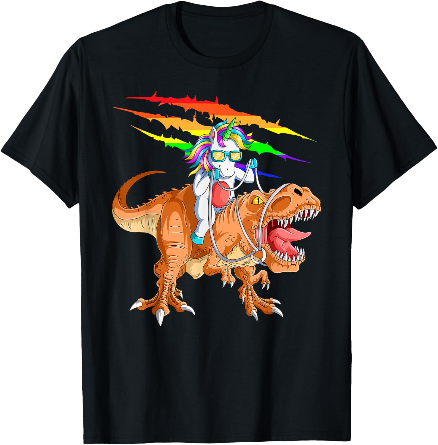Unicorn Riding T-Rex Dinosaur For Kids Boys Girls Men Women T-Shirt - T-Shirt | Black