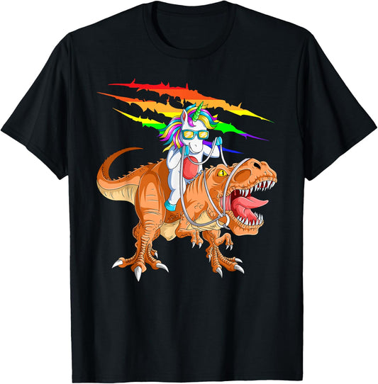 Unicorn Riding T-Rex Dinosaur For Kids Boys Girls Men Women T-Shirt - T-Shirt | Black