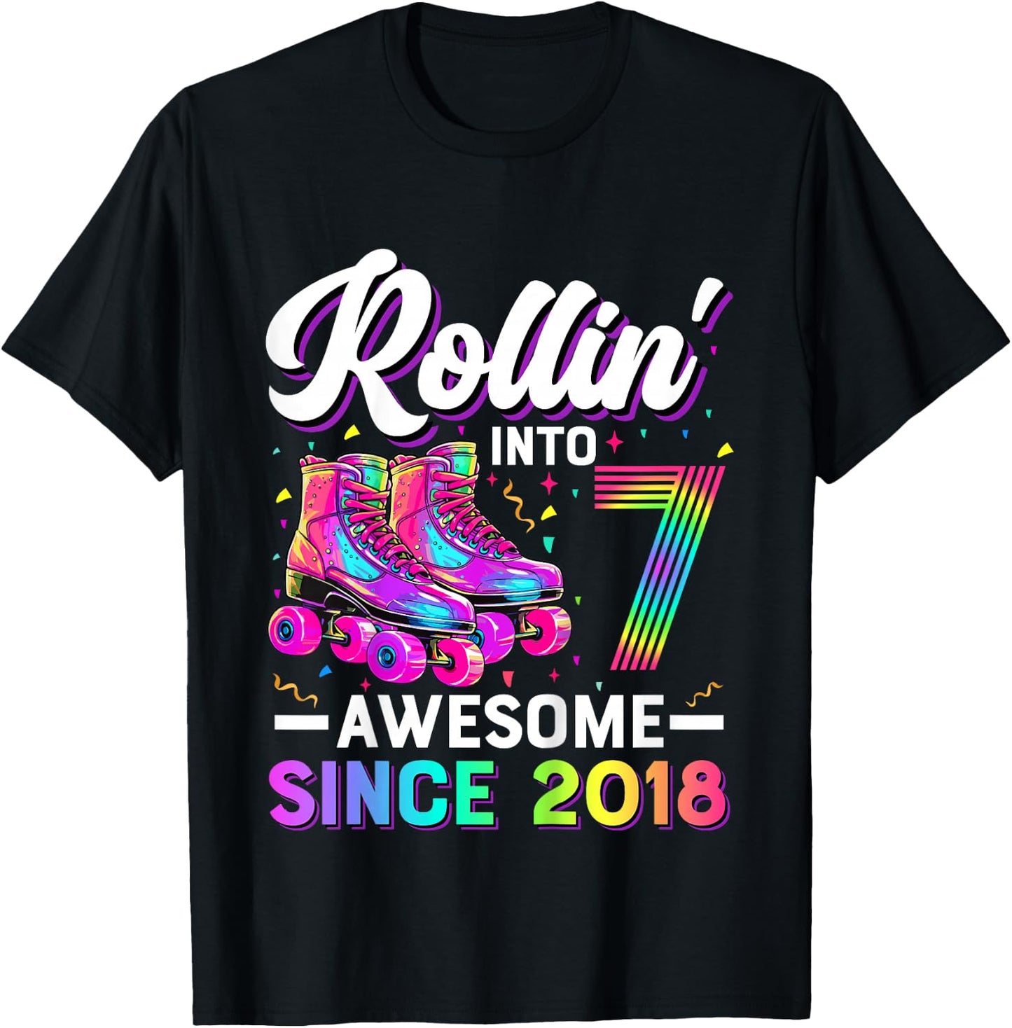 7th Birthday Shirt Girl 7 Year Old Roller Skate Skating T-Shirt - T-Shirt | Black