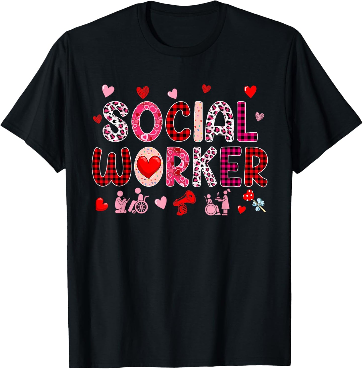 Social Worker Tools Valentine's Day Leopard Cute Hearts T-Shirt - T-Shirt | Black