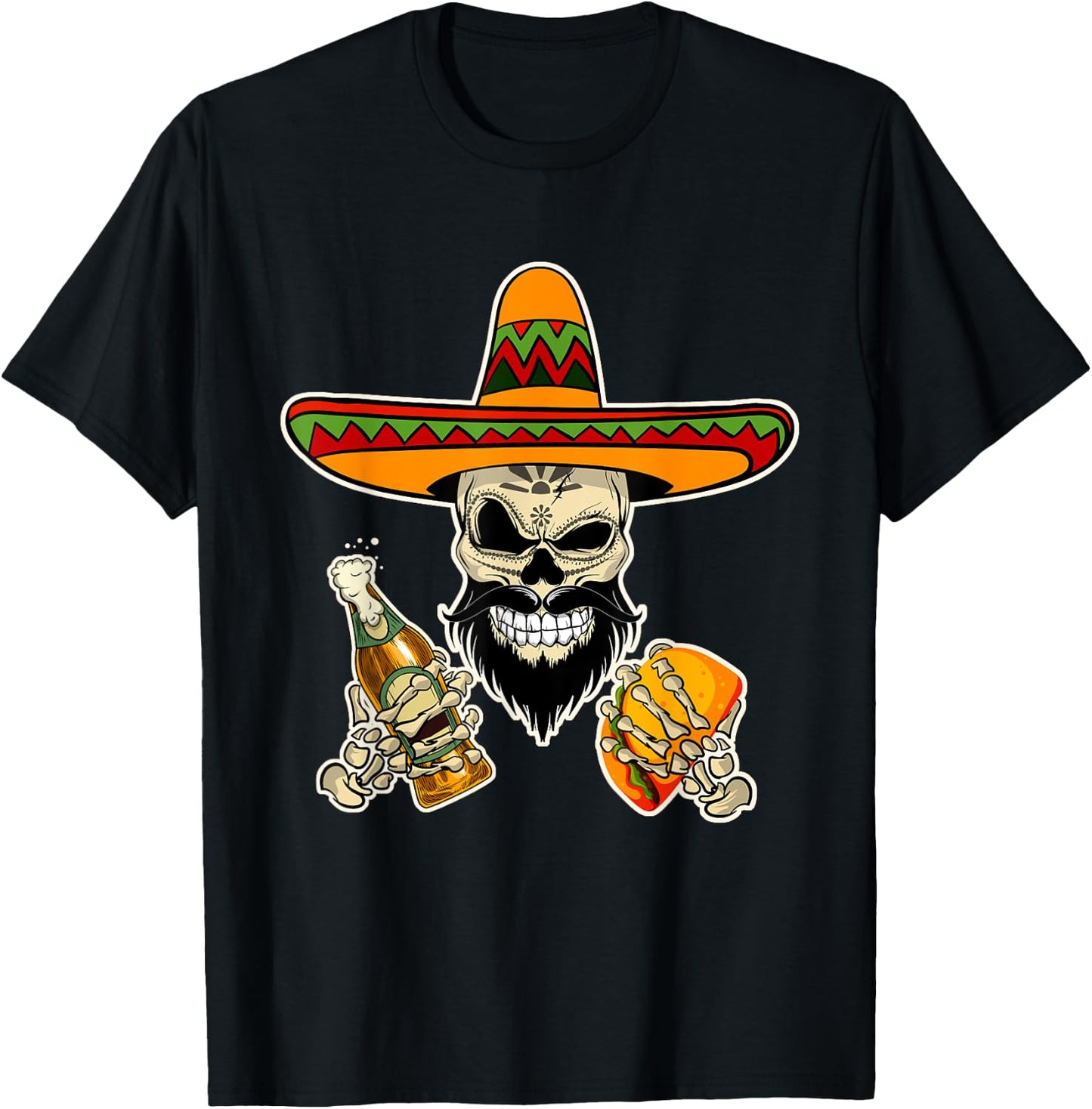 Mexican Sugar Skull with Tacos and Beer Funny T-Shirt - T-Shirt | Black