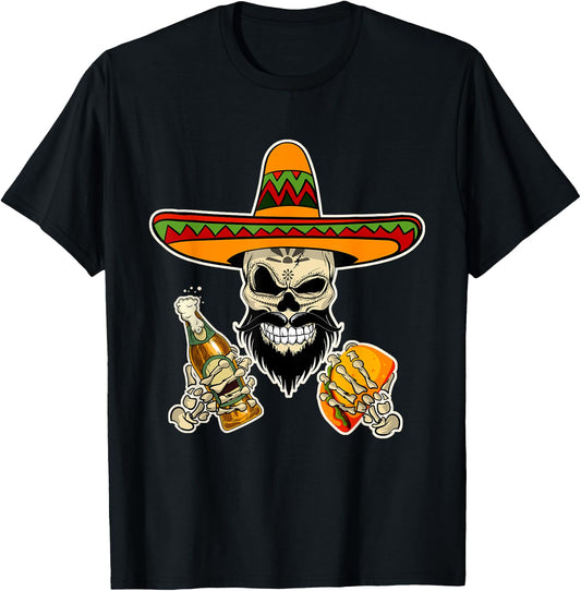Mexican Sugar Skull with Tacos and Beer Funny T-Shirt - T-Shirt | Black