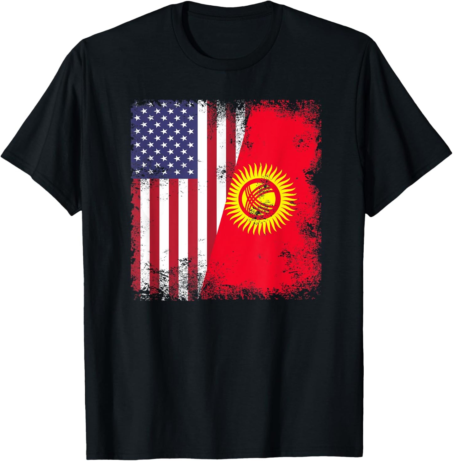 Half Kyrgyz Flag | Vintage Kyrgyzstan USA Gift T-Shirt - T-Shirt | Black