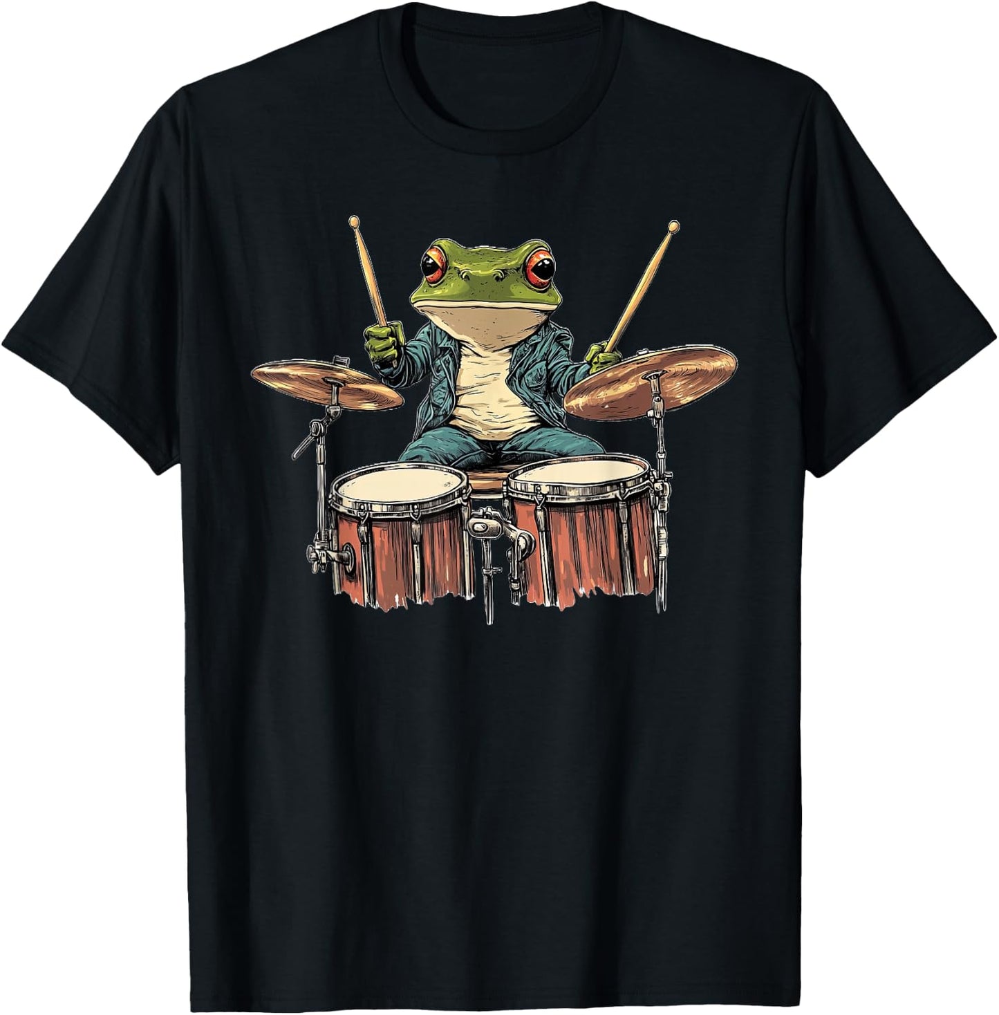 Cute Frog Playing Drums Frogs Drummer Music T-Shirt - T-Shirt | Black