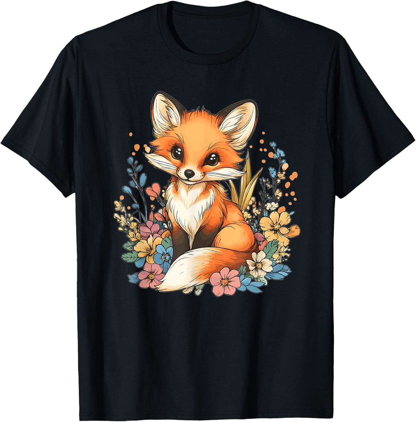 Cute Fox with Flowers I Kids Fox T-Shirt - T-Shirt | Black