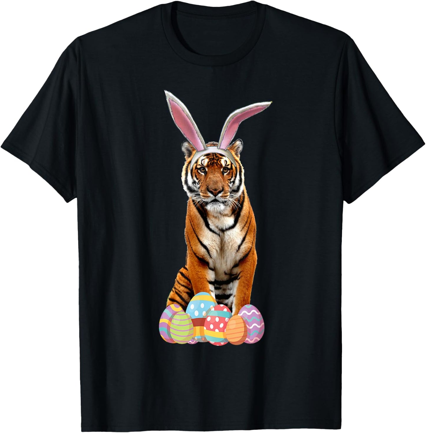 Easter Shirt Tiger Funny Bunny Ears & Eggs Tiger Gift T-Shirt - T-Shirt | Black