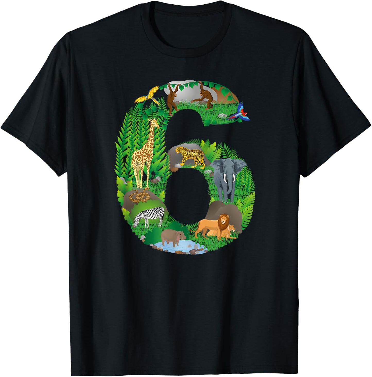 Safari Jungle Zoo animals Sixth Birthday number 6 T-Shirt - T-Shirt | Black