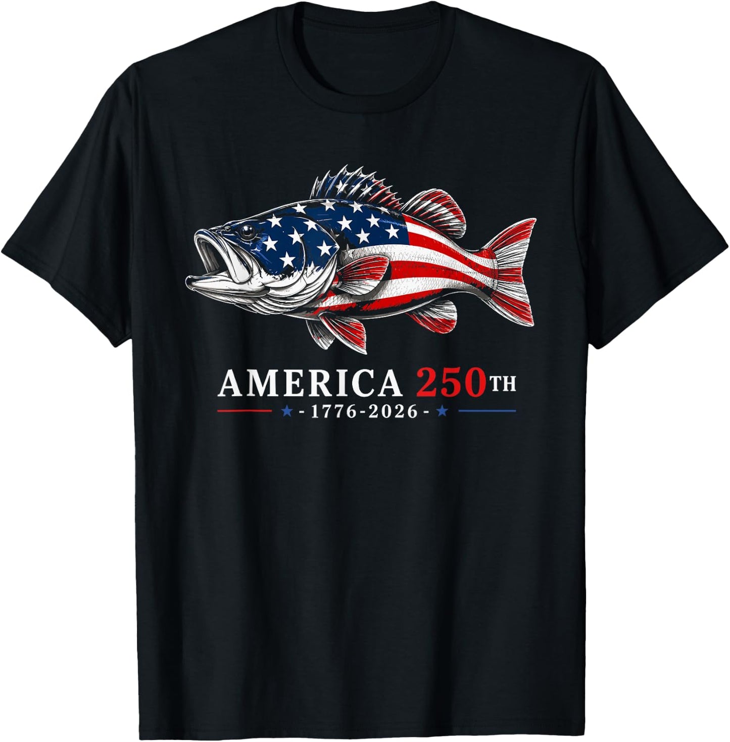 250 America Years 1776 2026 Fishing USA Flag 250th Birthday T-Shirt - T-Shirt | Black