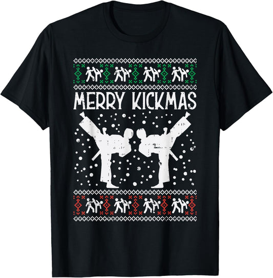 Merry Kickmas Ugly Christmas Karate Jiu Jitsu Martial Gift T-Shirt - T-Shirt | Black