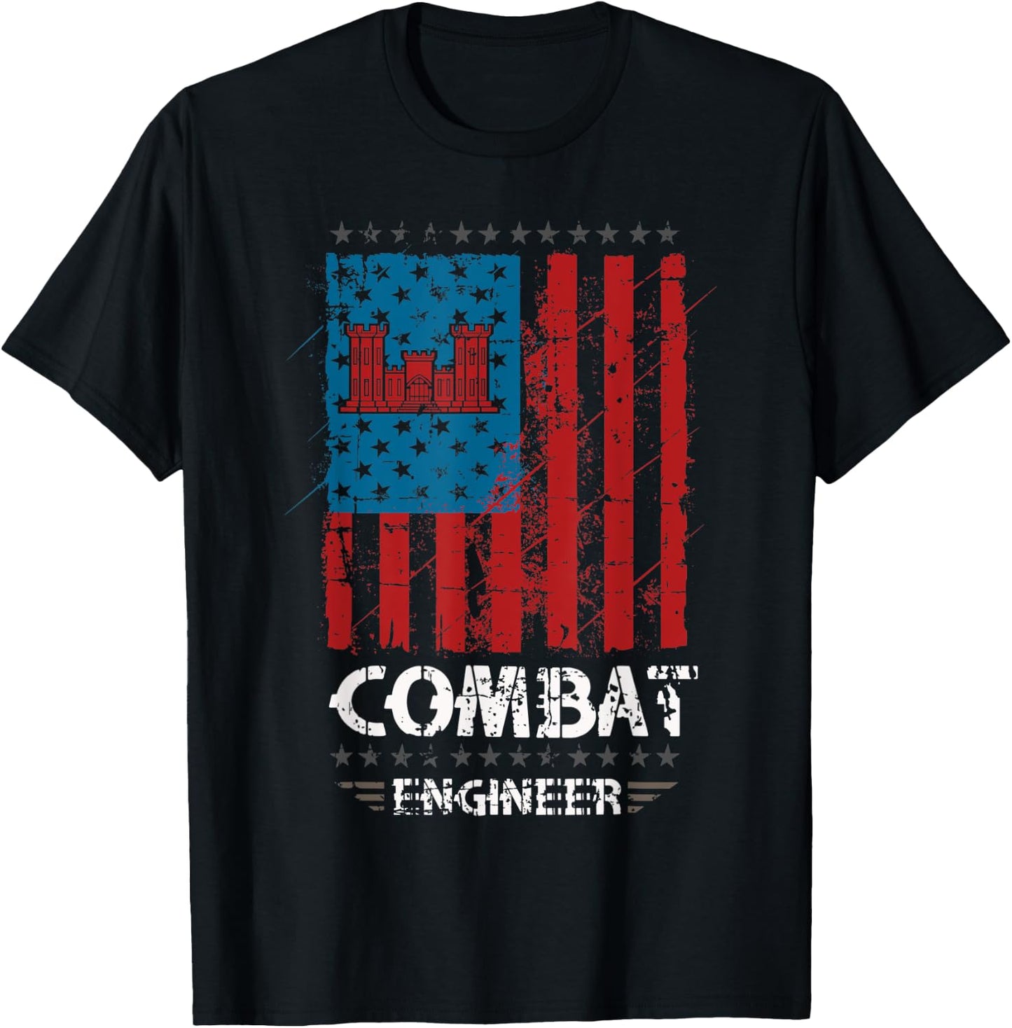 Combat Engineer - American Flag Distressed - U.S. Military Women Men T-Shirt - T-Shirt | Black