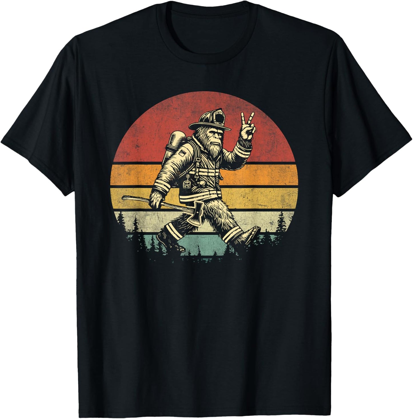 Firefighting Retro Bigfoot Firefighter Sasquatch Fireman T-Shirt - T-Shirt | Black