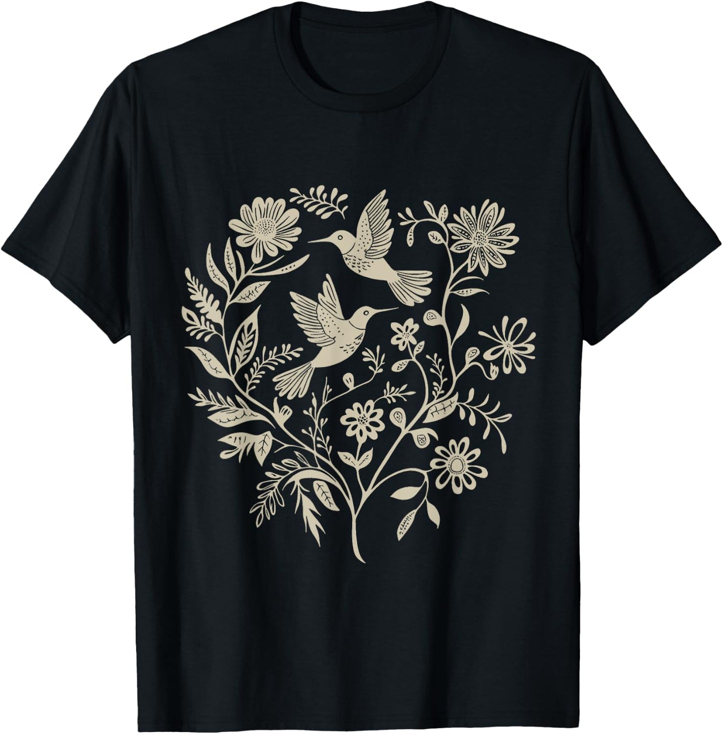 Cottagecore Birds and Flowers T-Shirt - T-Shirt | Black