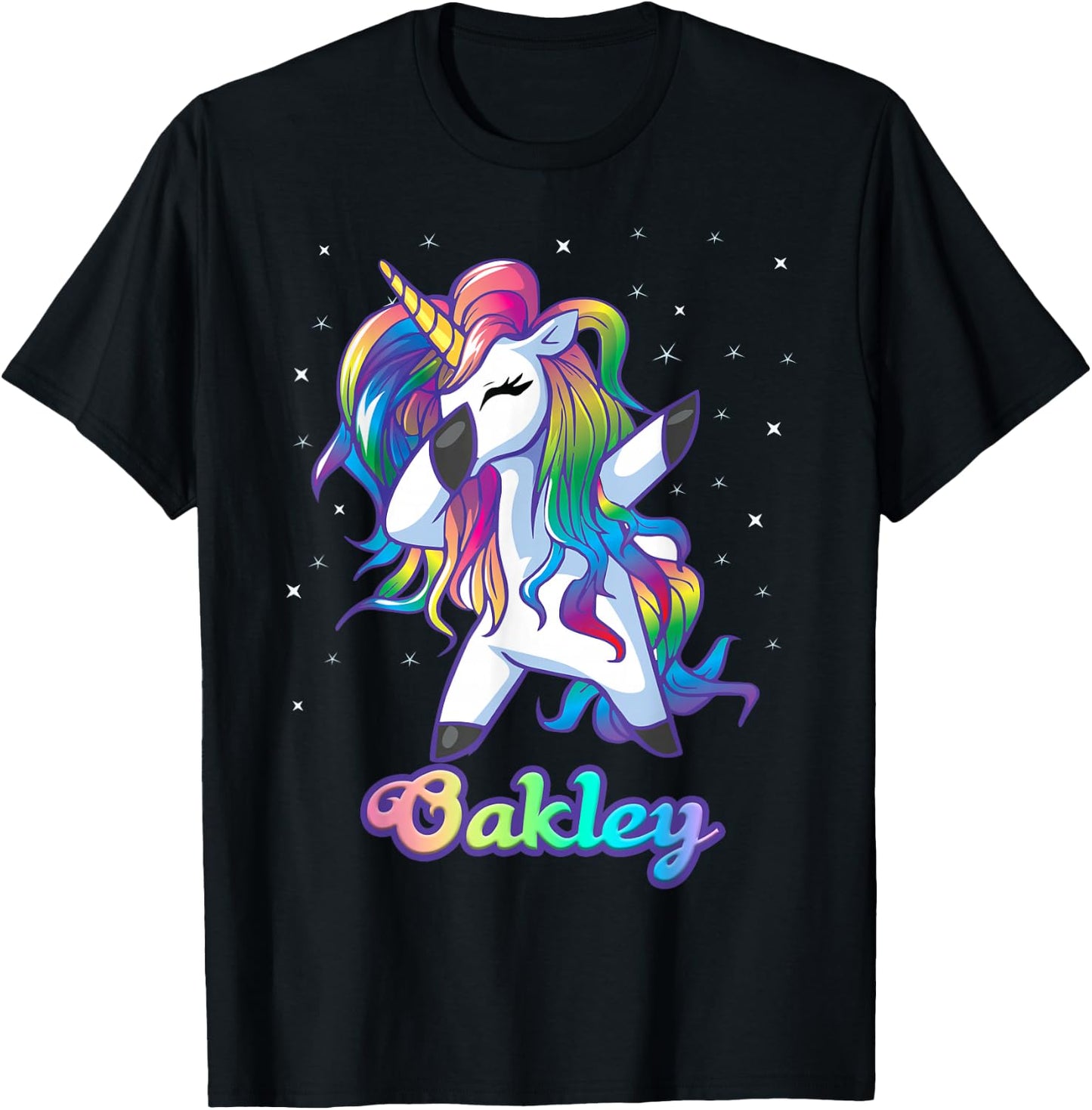 OAKLEY Name Personalized Custom Rainbow Unicorn Dabbing T-Shirt - T-Shirt | Black