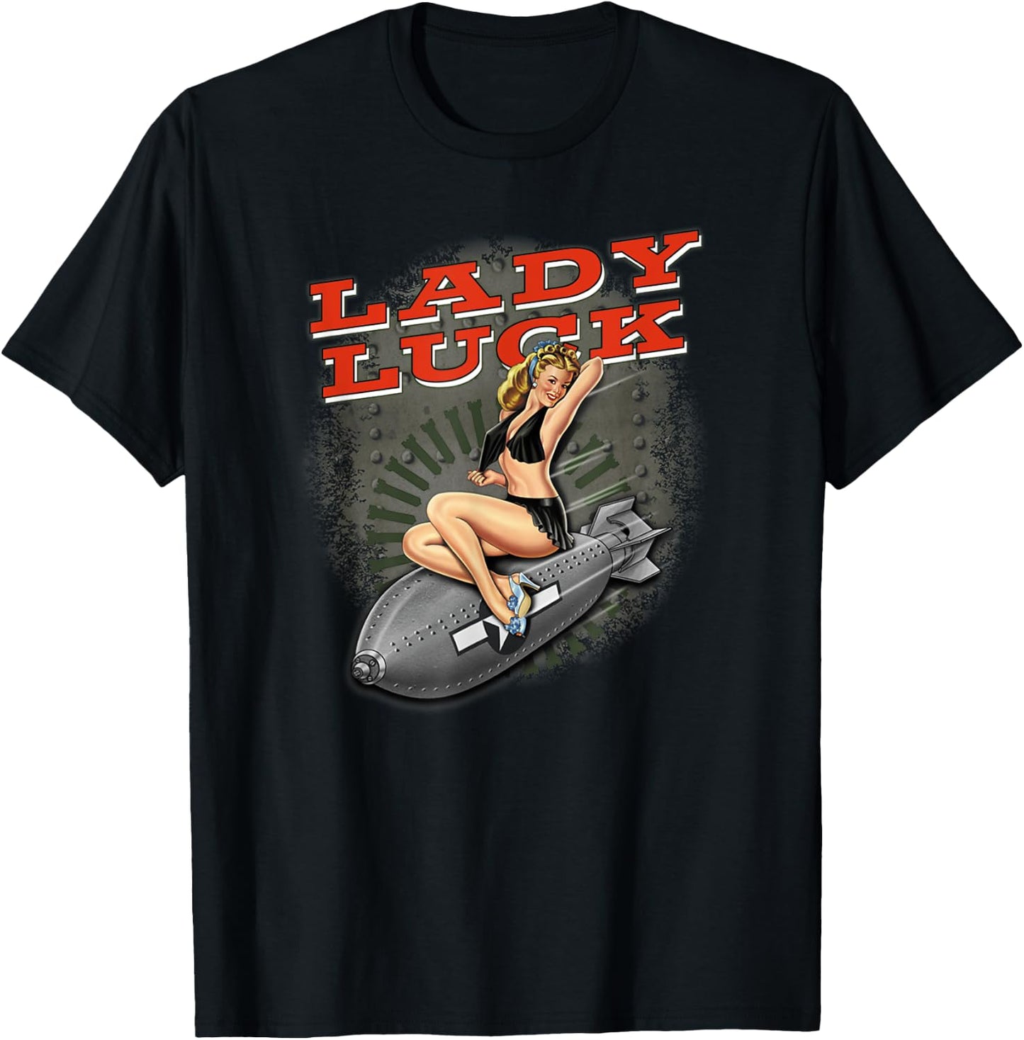 Lady Luck" Super nice Bomber nose art T-Shirt - T-Shirt | Black
