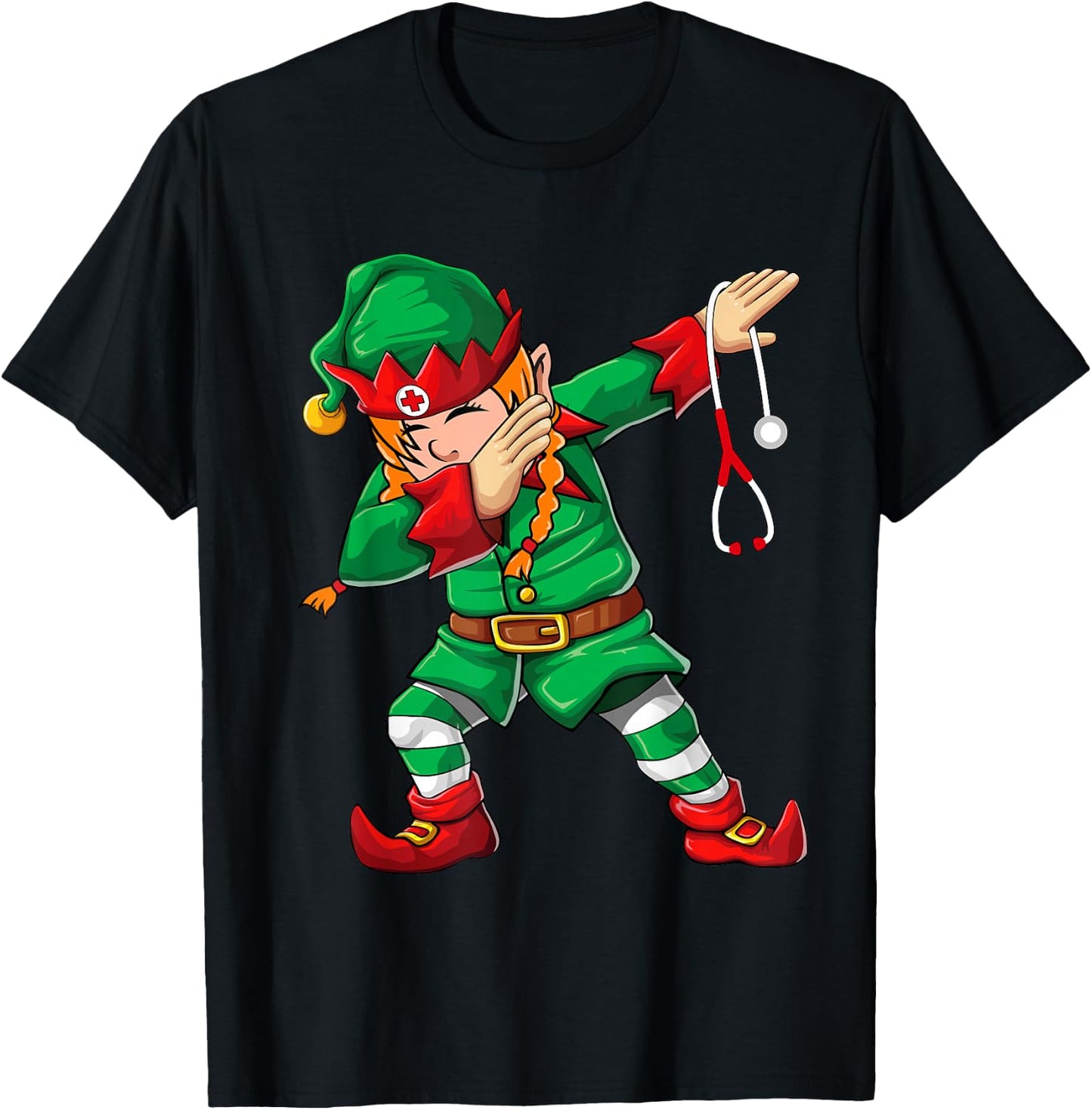 Dabbing Elf Girl Shirt Christmas Scrub Tops Women Cute Nurse T-Shirt - T-Shirt | Black