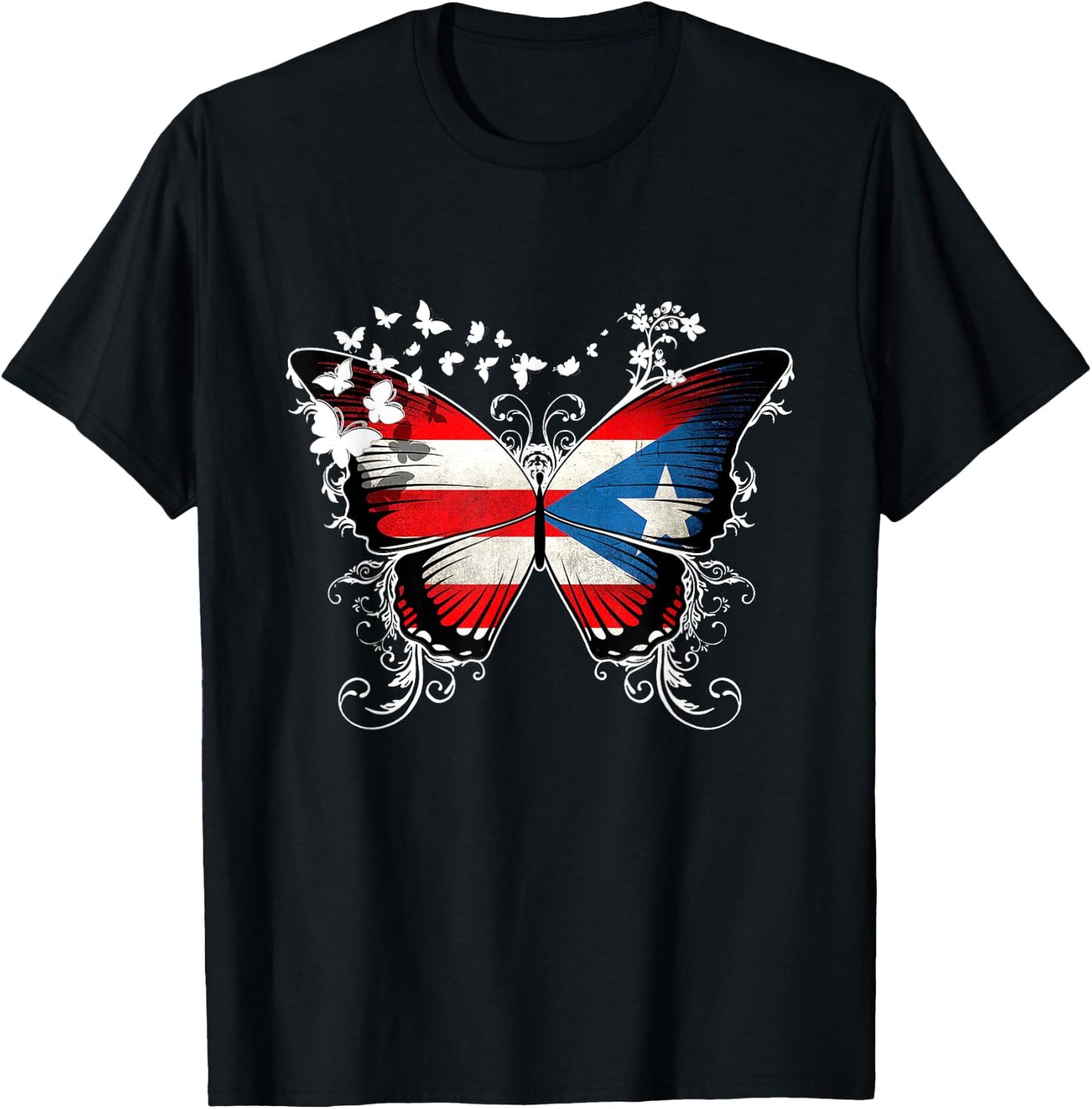 Puerto Rico Flag Shirt Butterfly Graphic T Shirt T-Shirt - T-Shirt | Black