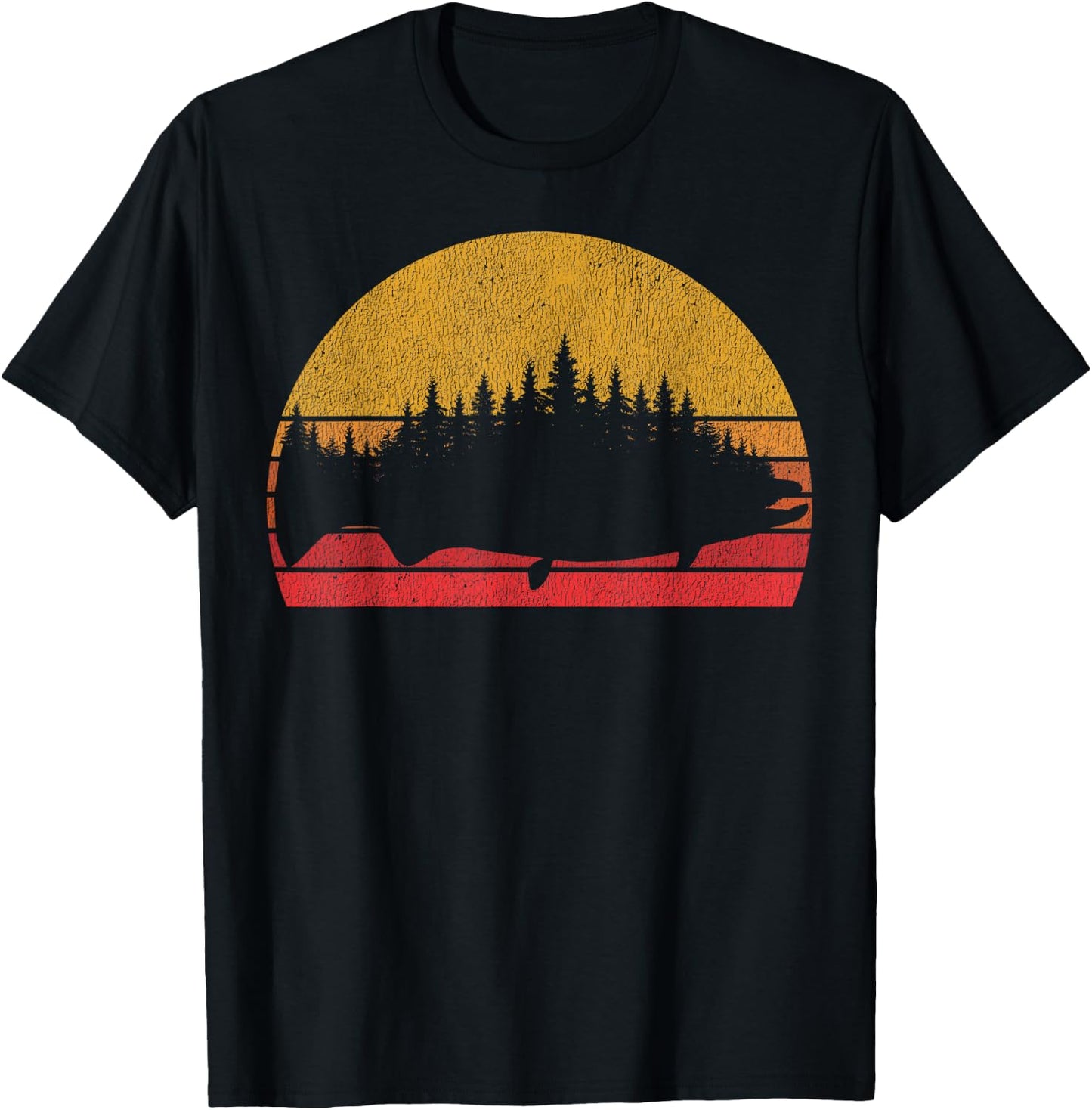 Salmon Fishing Retro Sunset Forest Vintage Outdoors T-Shirt - T-Shirt | Black