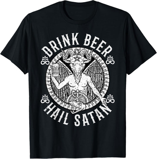 Drink Beer Hail Satan I Satanic Baphomet T-Shirt - T-Shirt | Black