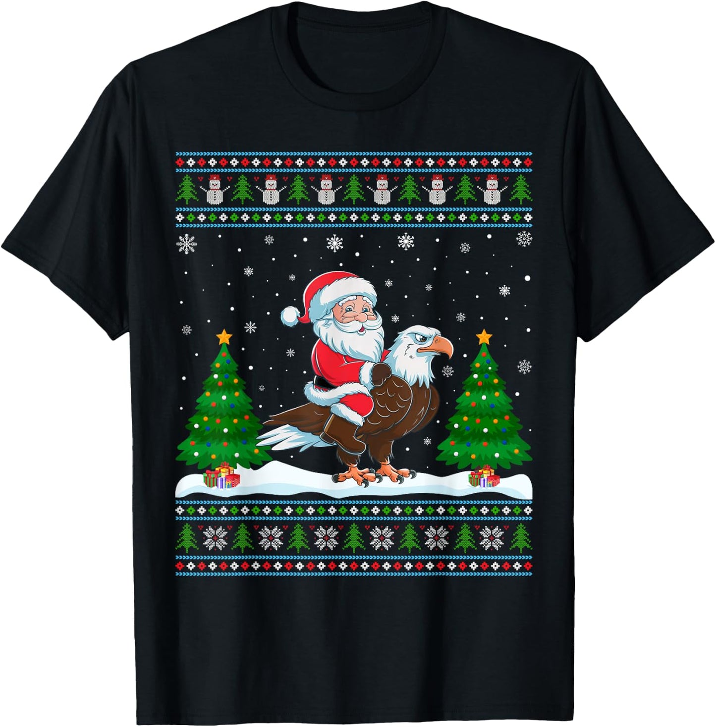 Ugly Xmas Lighting Tree Santa Riding Eagle Christmas T-Shirt - T-Shirt | Black