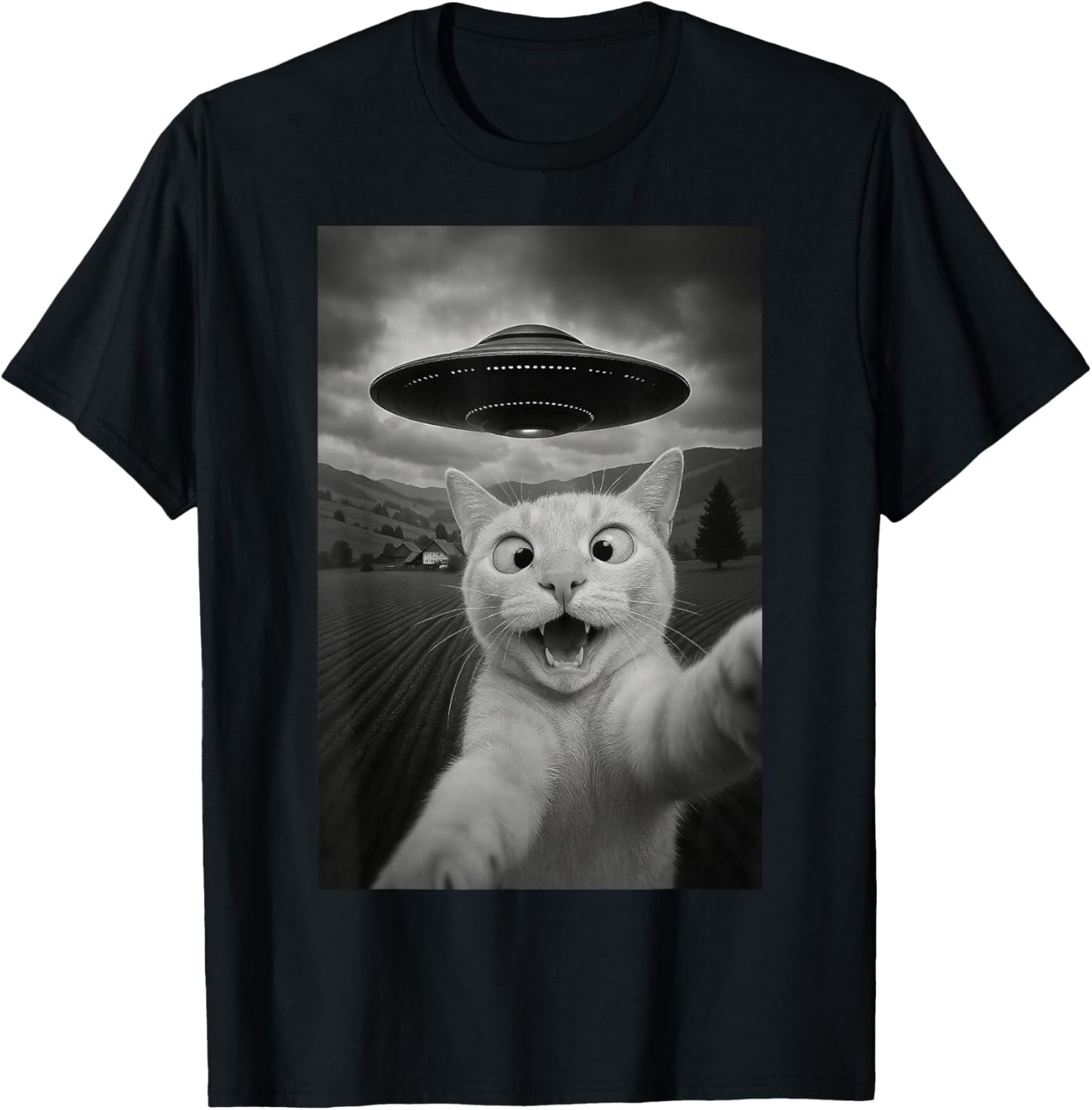 Cat Selfie UFO Graphic Funny Men Women Kids Funny Cat Shirts T-Shirt - T-Shirt | Black