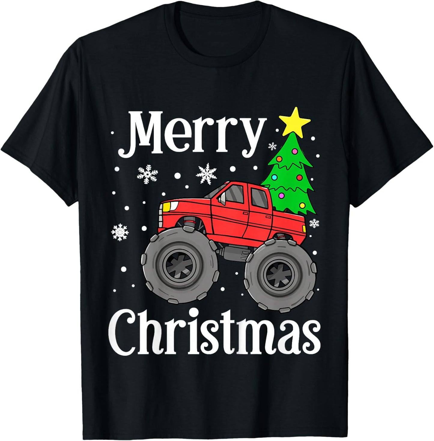 Kids Boys Monster Truck Merry Christmas Tree Snowflakes Toddler T-Shirt - T-Shirt | Black