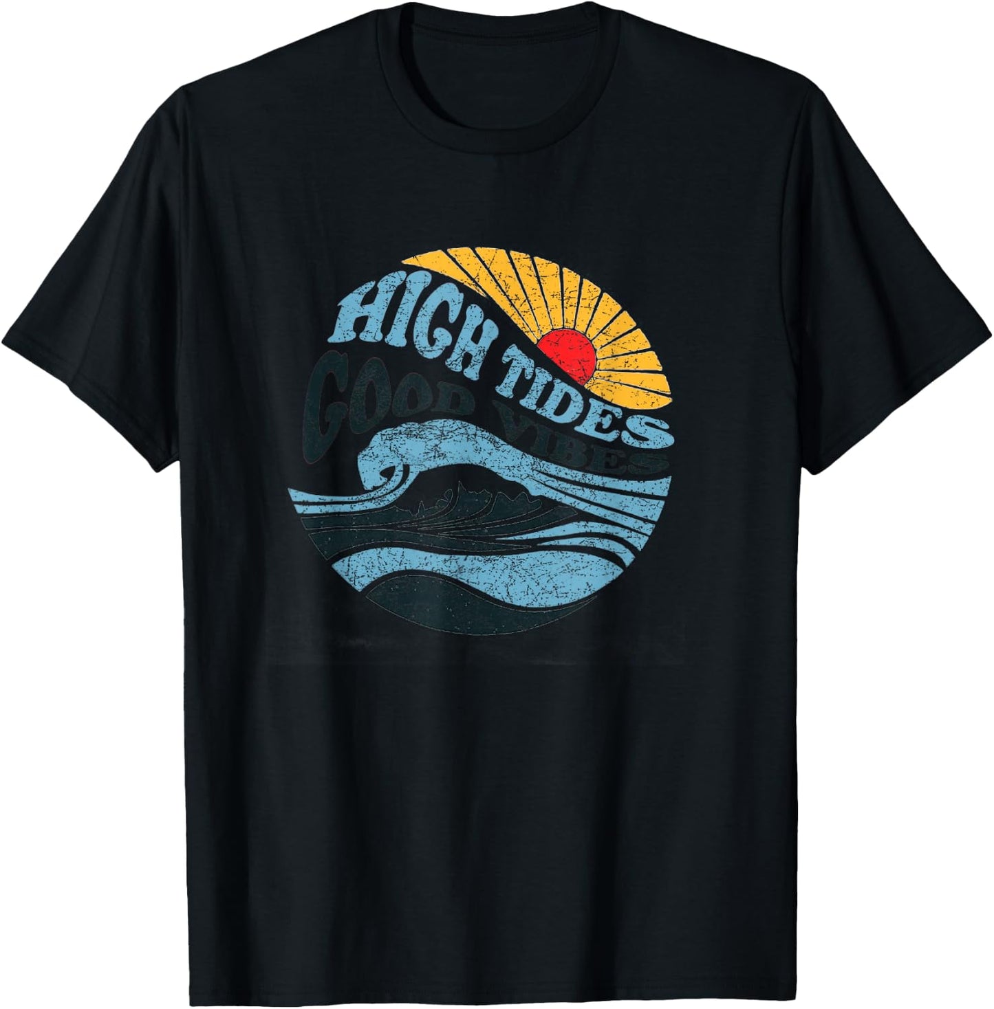 High Tides Good Vibes - Vintage Wave and Palm Tree T-Shirt - T-Shirt | Black
