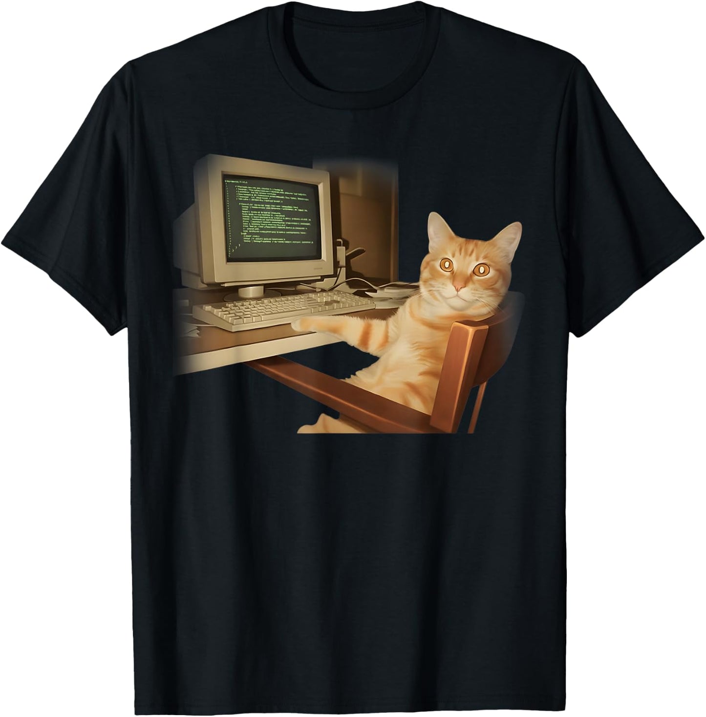 Retro Computer Cat Funny Science Meme Men Women Kids T-Shirt - T-Shirt | Black