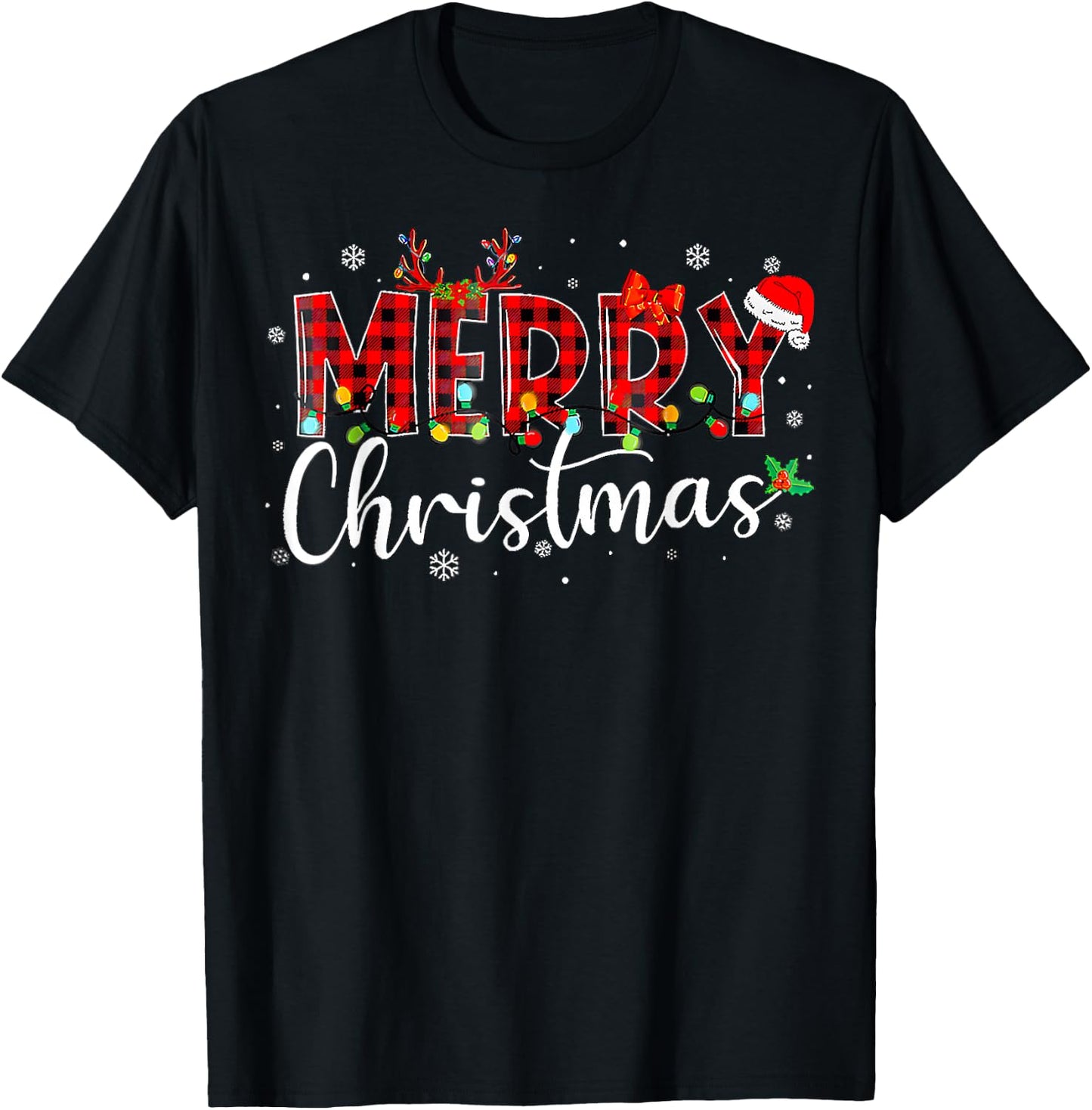 Merry Christmas Buffalo Plaid Red Santa Hat Xmas Pajamas T-Shirt - T-Shirt | Black