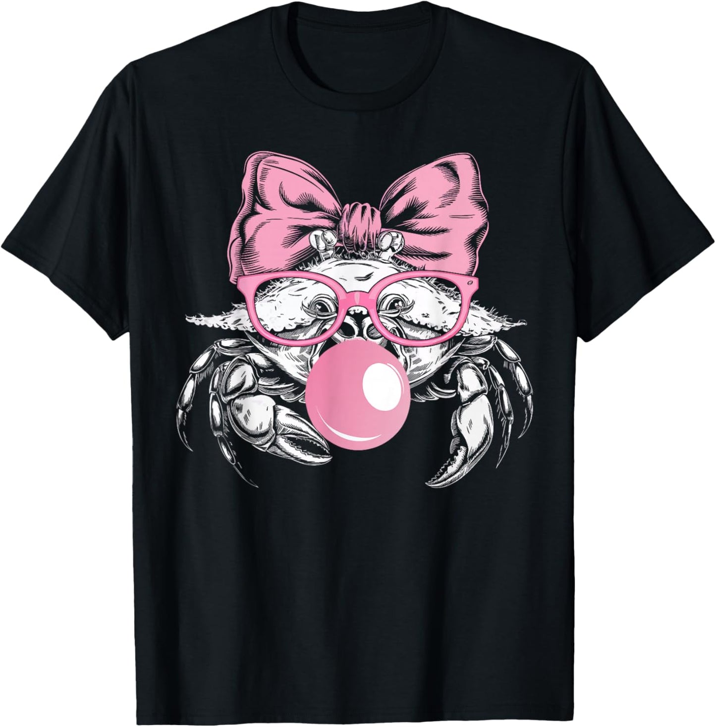 Crab Wearing Glasses and Blowing Pink Bubble Gum T-Shirt - T-Shirt | Black