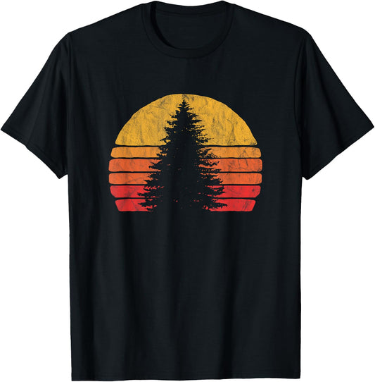 Retro Sun Minimalist Pine Tree Design - Graphic 80's T-Shirt - T-Shirt | Black