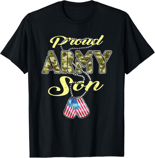 Proud Army Son US Flag Camo Dog Tags Pride Military Child Women Kids T-Shirt - T-Shirt | Black