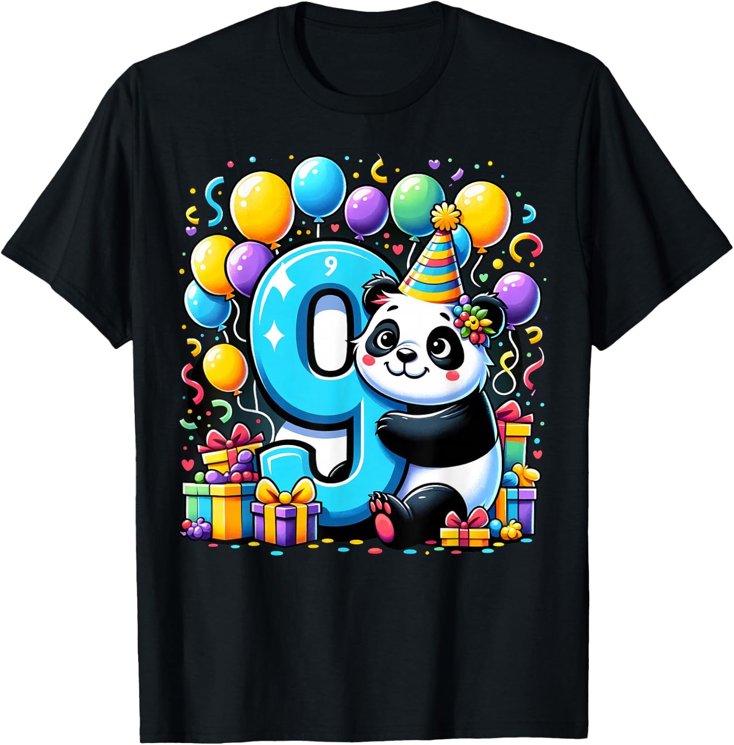 Panda 9th birthday for boy girl 9 years old ninth nine Panda T-Shirt - T-Shirt | Black