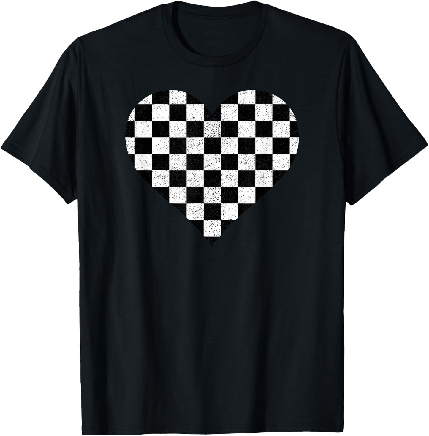 Black And White Checkered Heart Auto Racer T-Shirt - T-Shirt | Black