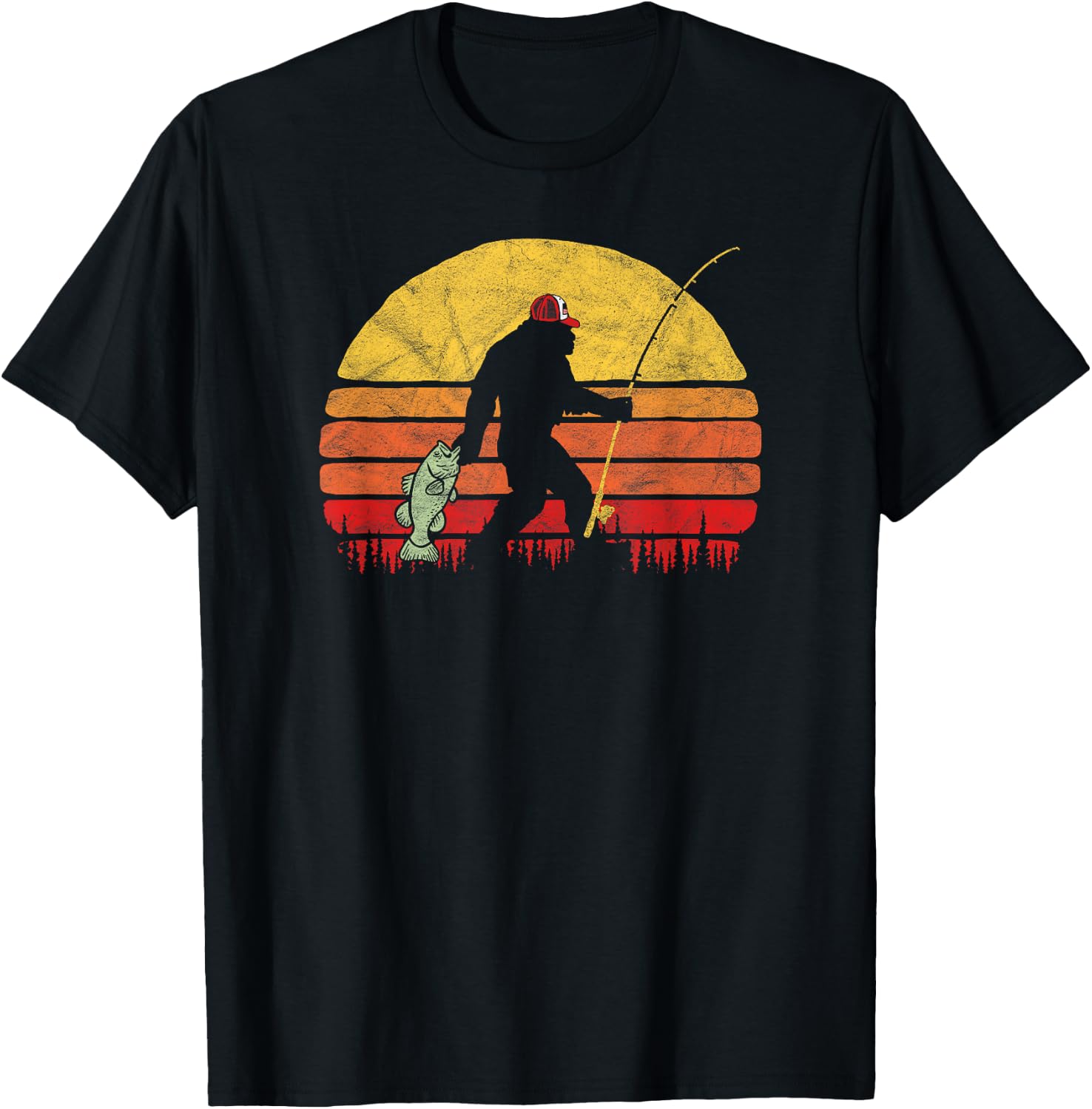 Bass Fishing Funny Bigfoot in Trucker Hat Retro Graphic T-Shirt - T-Shirt | Black