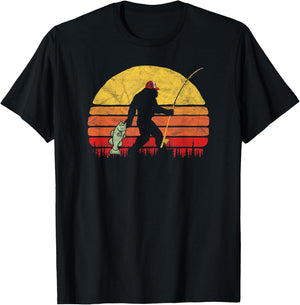 Bass Fishing Funny Bigfoot in Trucker Hat Retro Graphic T-Shirt - T-Shirt | Black