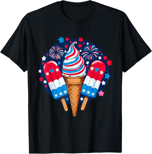 Patriotic Ice Cream 4th Of July Fireworks Independence Day T-Shirt - T-Shirt | Black