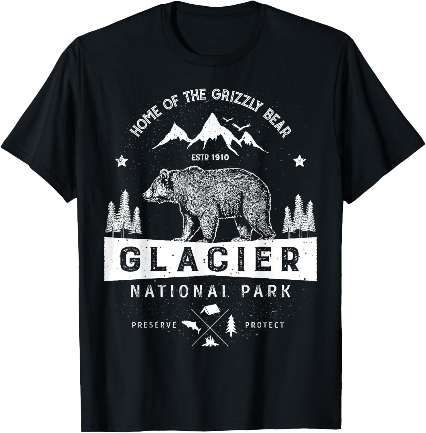 Glacier National Park T Shirt Vintage Montana Bear Men Women T-Shirt - T-Shirt | Black