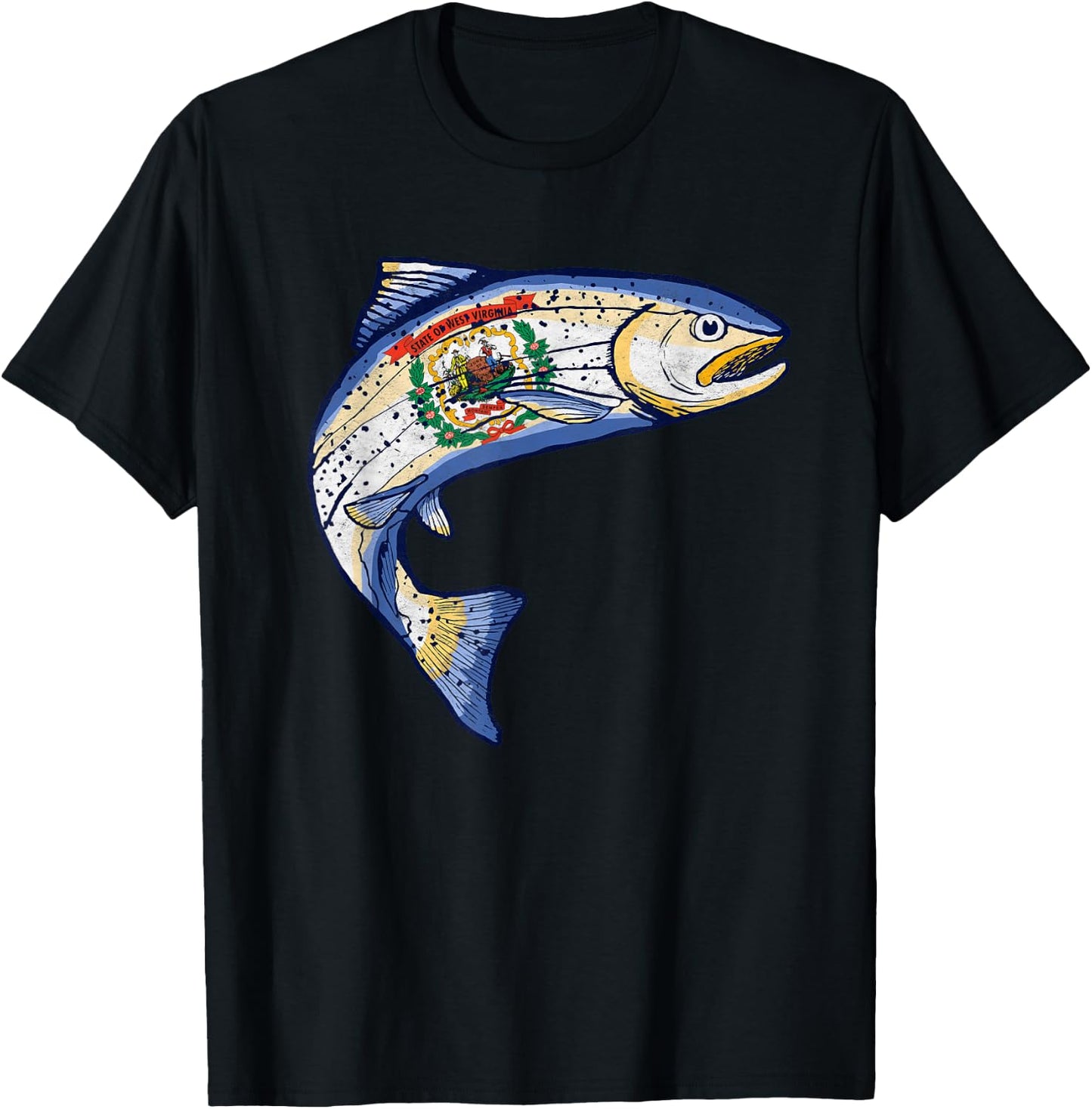 Retro West Virginia Flag Trout Vintage Fly Fishing Graphic T-Shirt - T-Shirt | Black