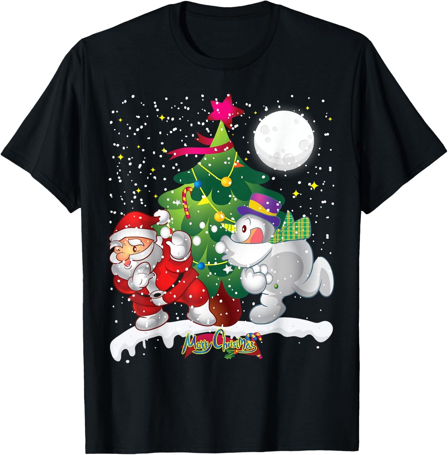 Santa Claus Snowman Tree Balls Funny Merry Christmas T-Shirt - T-Shirt | Black