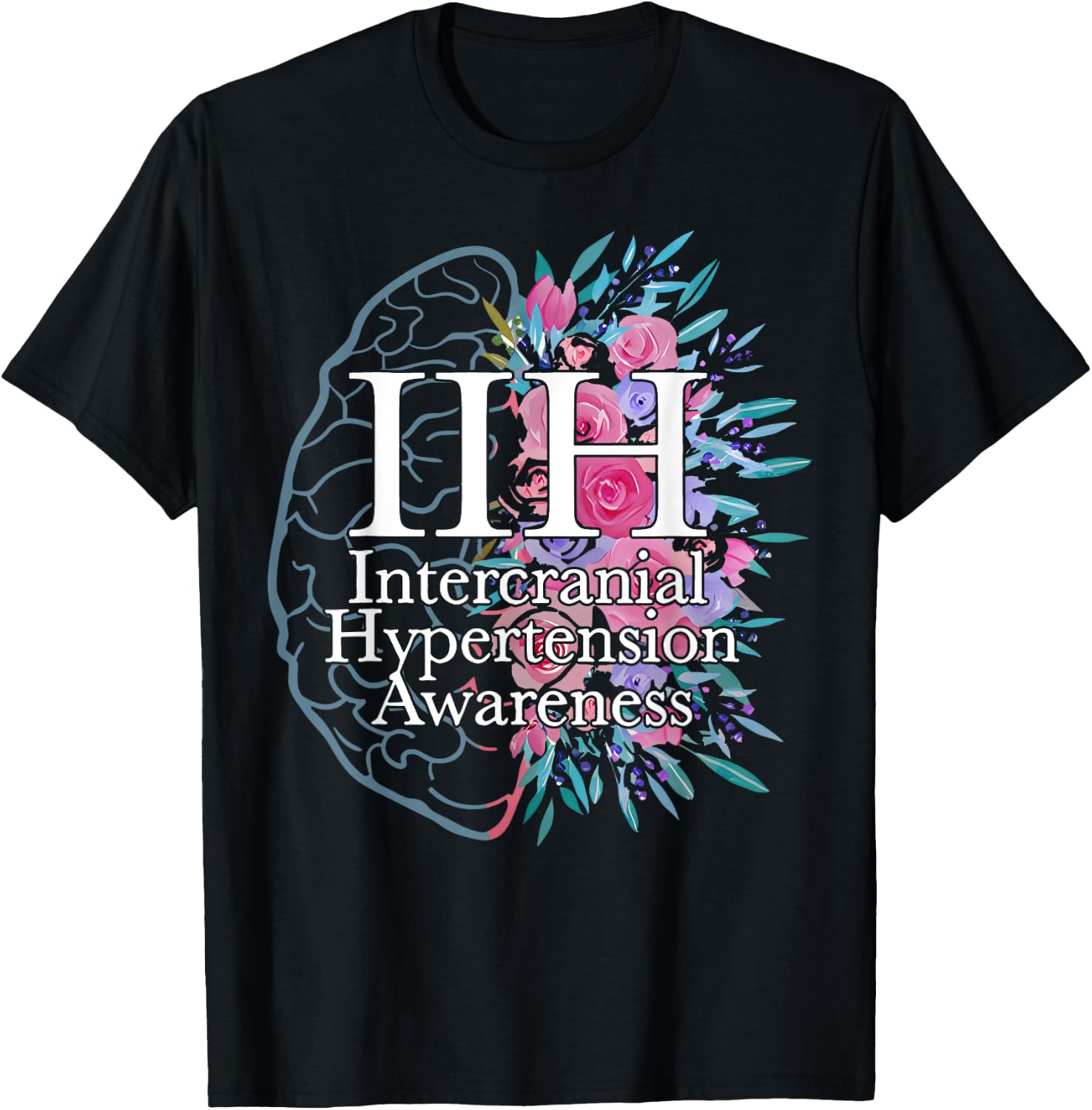 Idiopathic Intracranial Hypertension Awareness Brain Floral T-Shirt - T-Shirt | Black