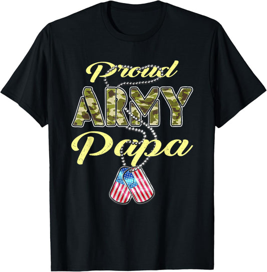Proud Army Papa US Flag Camo Dog Tags Pride Military Grandpa T-Shirt - T-Shirt | Black